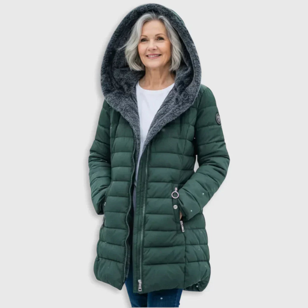 Cappotto Invernale Imbottito Trapuntato da Donna con Cappuccio Removibile - Verde Scuro