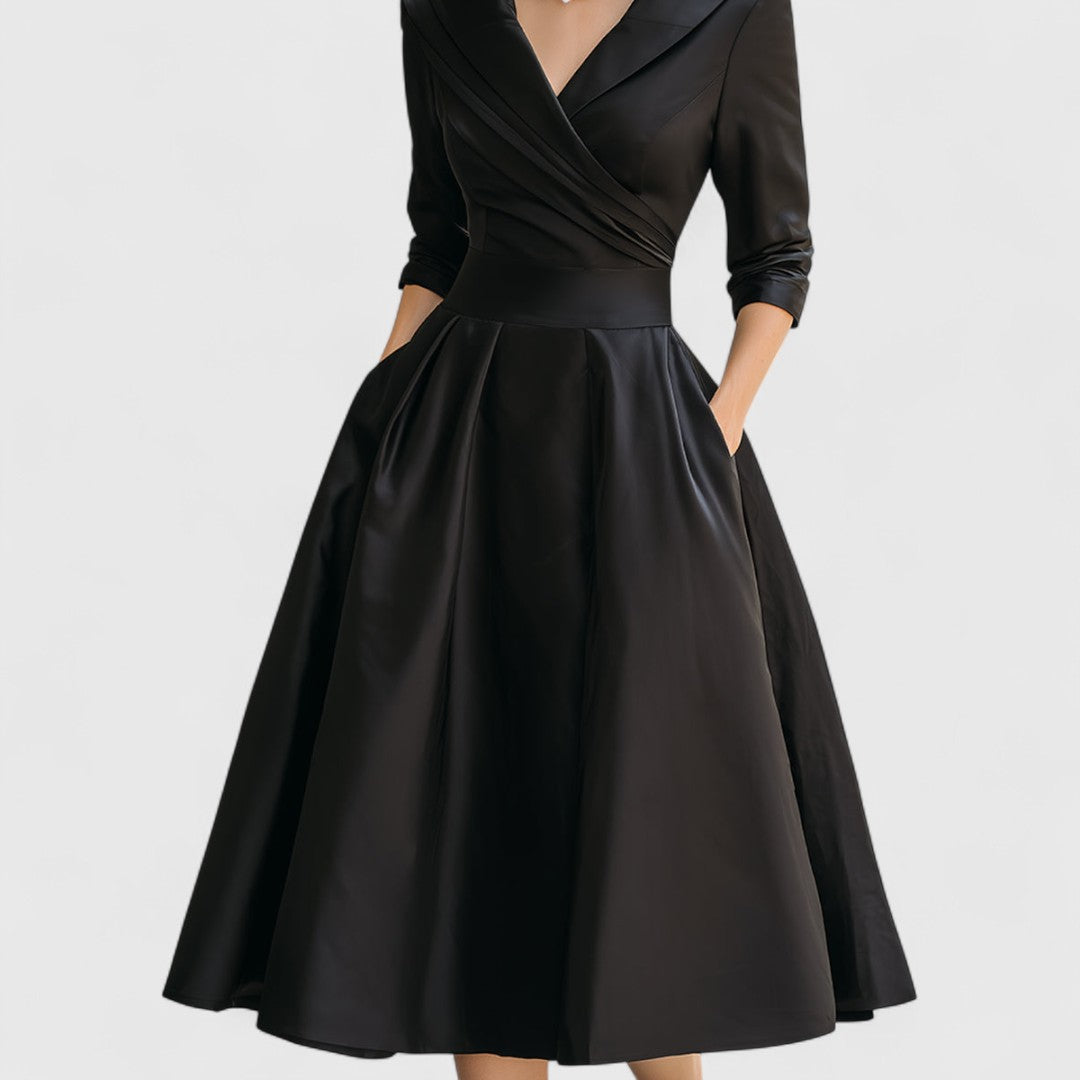 Abito Midi Donna con Scollo a V e Gonna Svasata