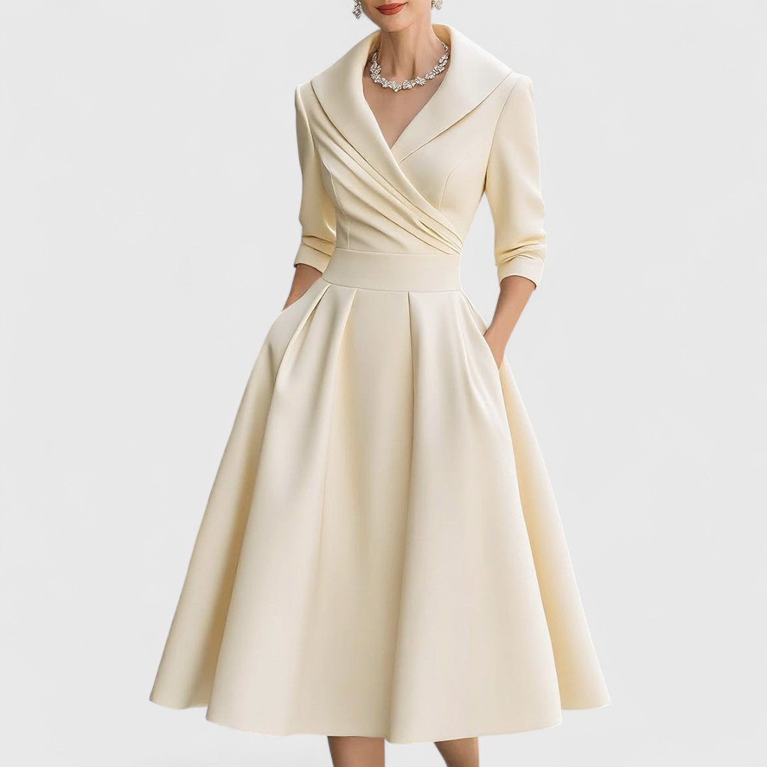 Abito Midi Donna con Scollo a V e Gonna Svasata - Beige