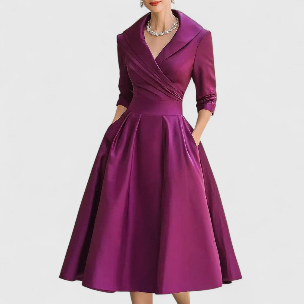 Abito Midi Donna con Scollo a V e Gonna Svasata - Viola