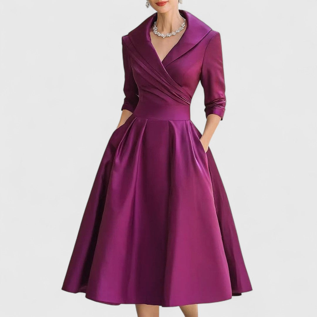 Abito Midi Donna con Scollo a V e Gonna Svasata - Viola