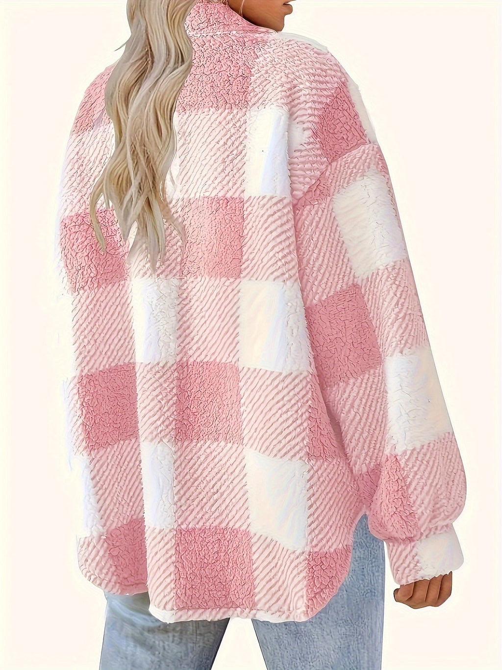 Giacca Donna in Pile Sherpa a Quadri con Bottoni