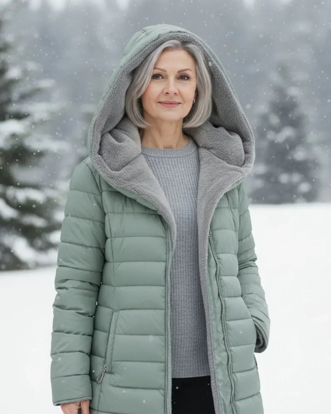 Cappotto Invernale Imbottito Trapuntato da Donna con Cappuccio Removibile - Verde Chiaro