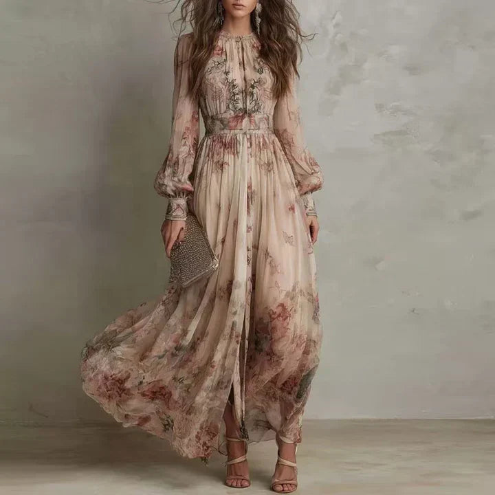 Abito Lungo Donna a Collo Alto con Stampa Floreale Vintage - Beige