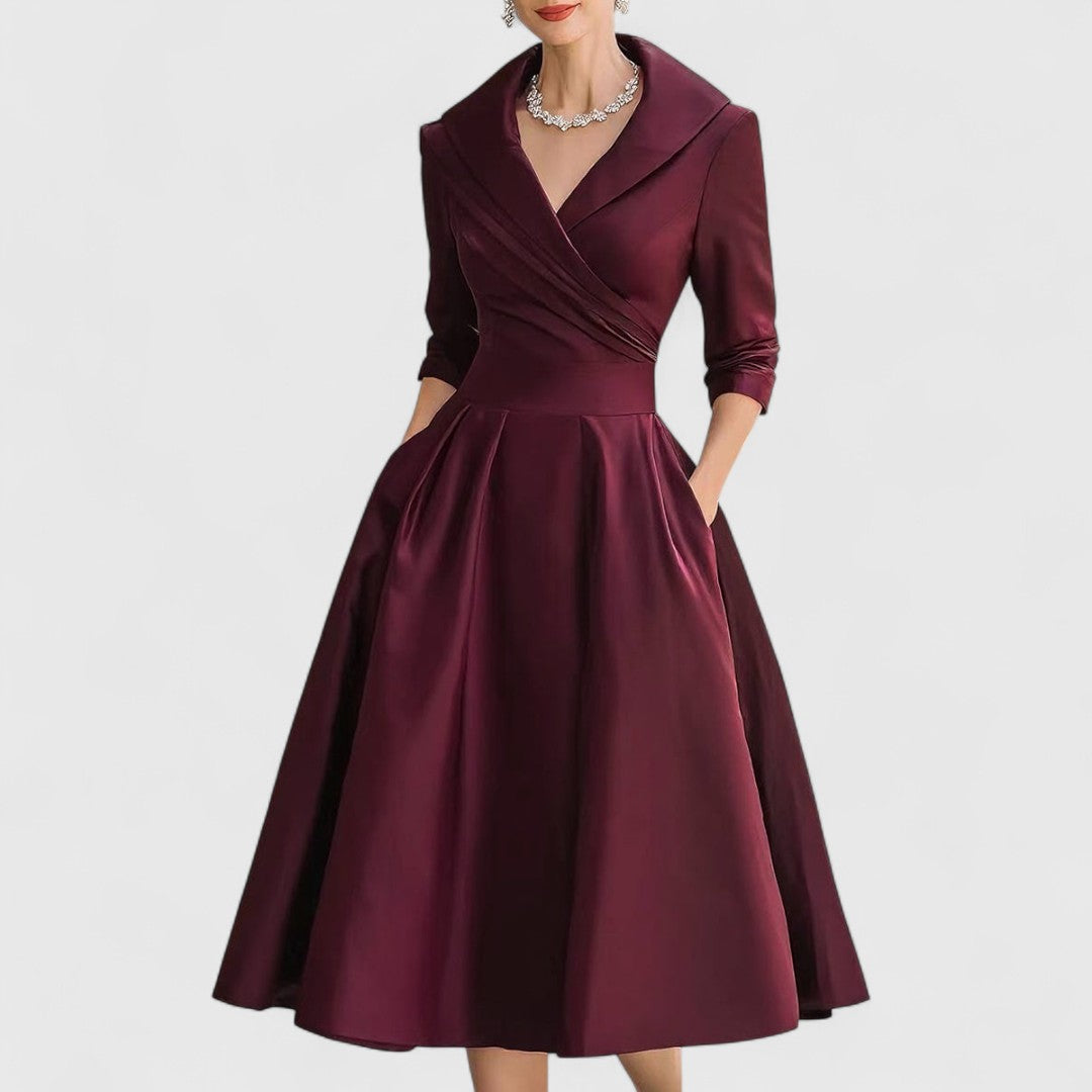 Abito Midi Donna con Scollo a V e Gonna Svasata - Rosso Intenso