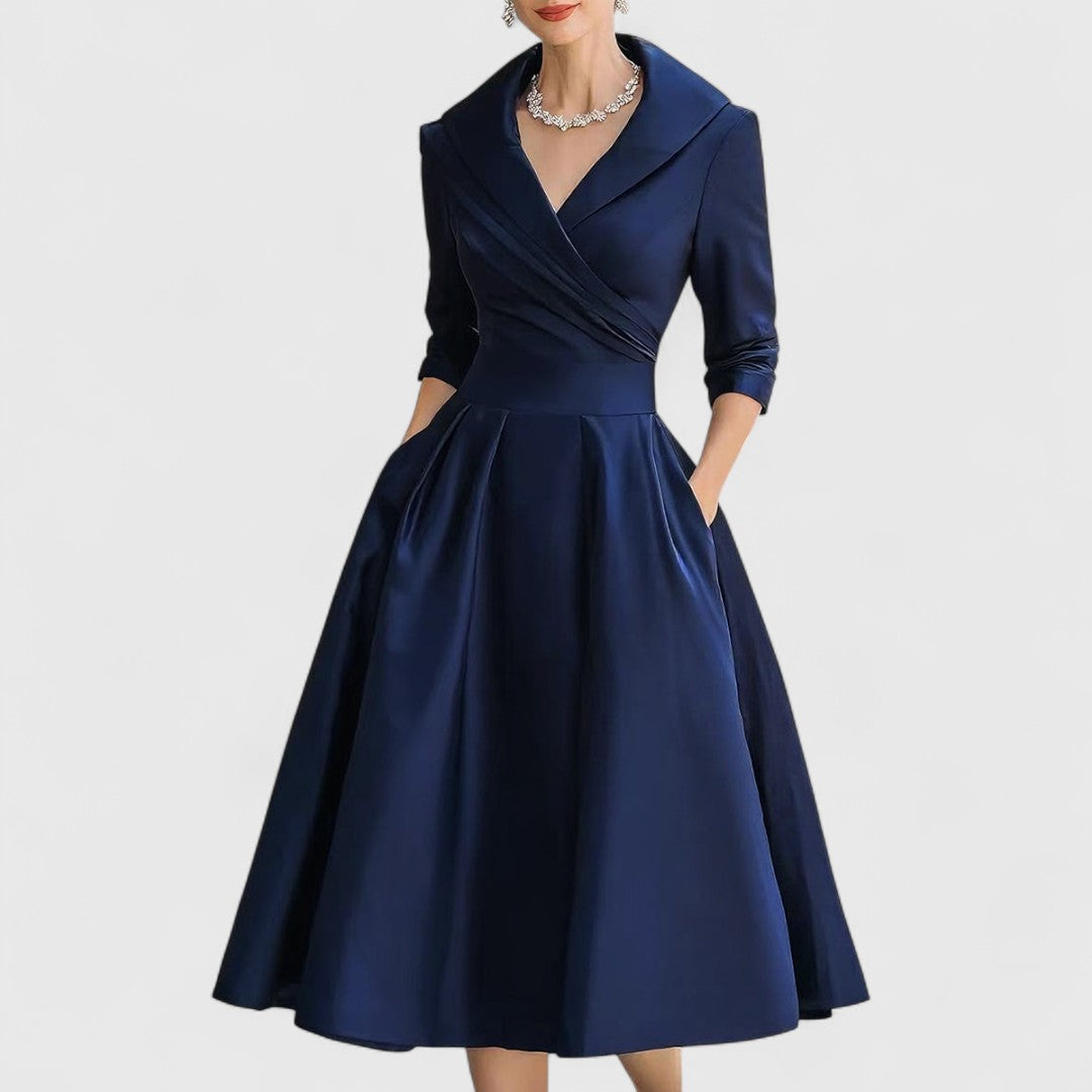 Abito Midi Donna con Scollo a V e Gonna Svasata - Blu Navy