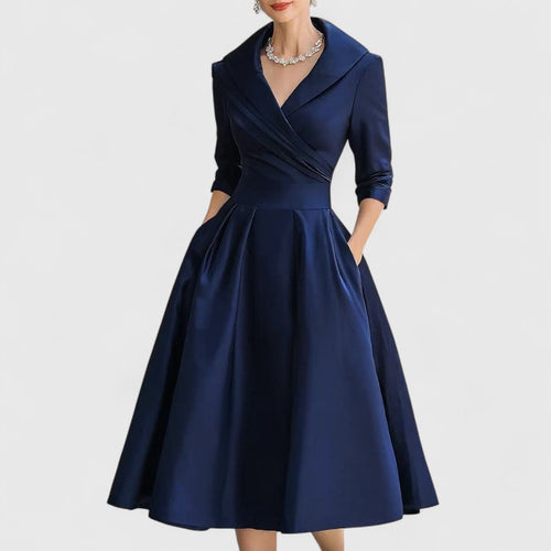 Abito Midi Donna con Scollo a V e Gonna Svasata - Blu Navy