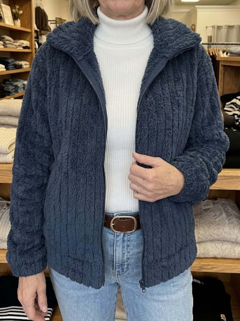 Giacca Donna in Pile Testurizzato con Zip Intera - Blu Navy