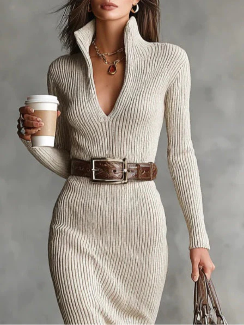 Abito Midi da Donna in Maglia a Coste con Colletto