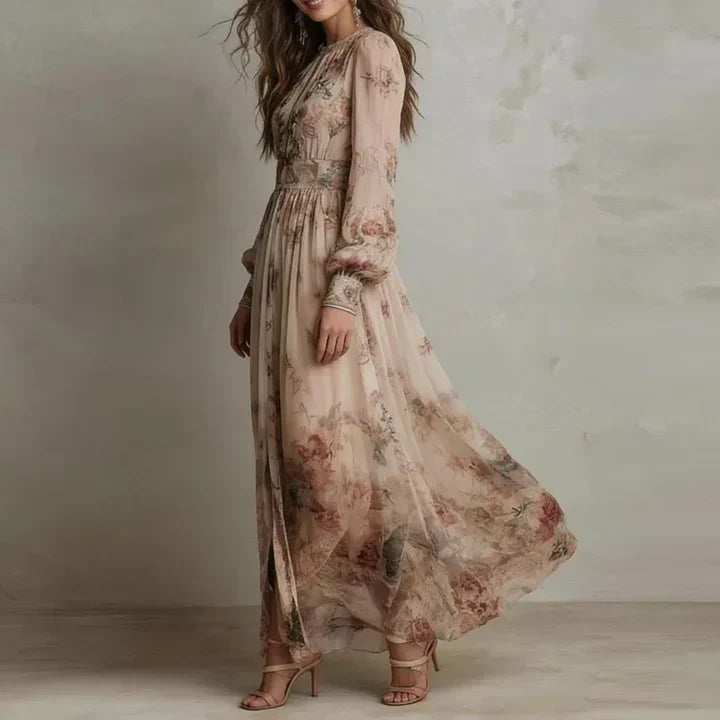 Abito Lungo Donna a Collo Alto con Stampa Floreale Vintage