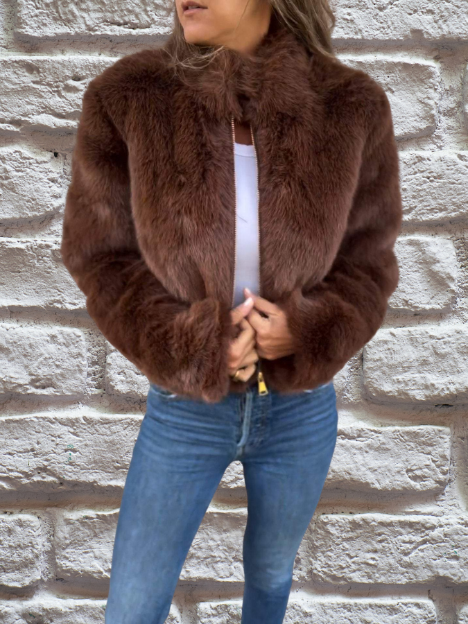 Giacca Corta da Donna in Peluche con Zip - Marrone