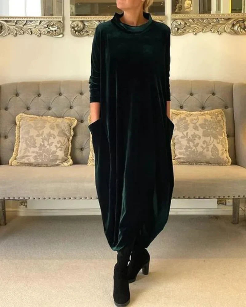 Abito Lungo da Donna in Velour con Collo Alto e Tasche - Nero
