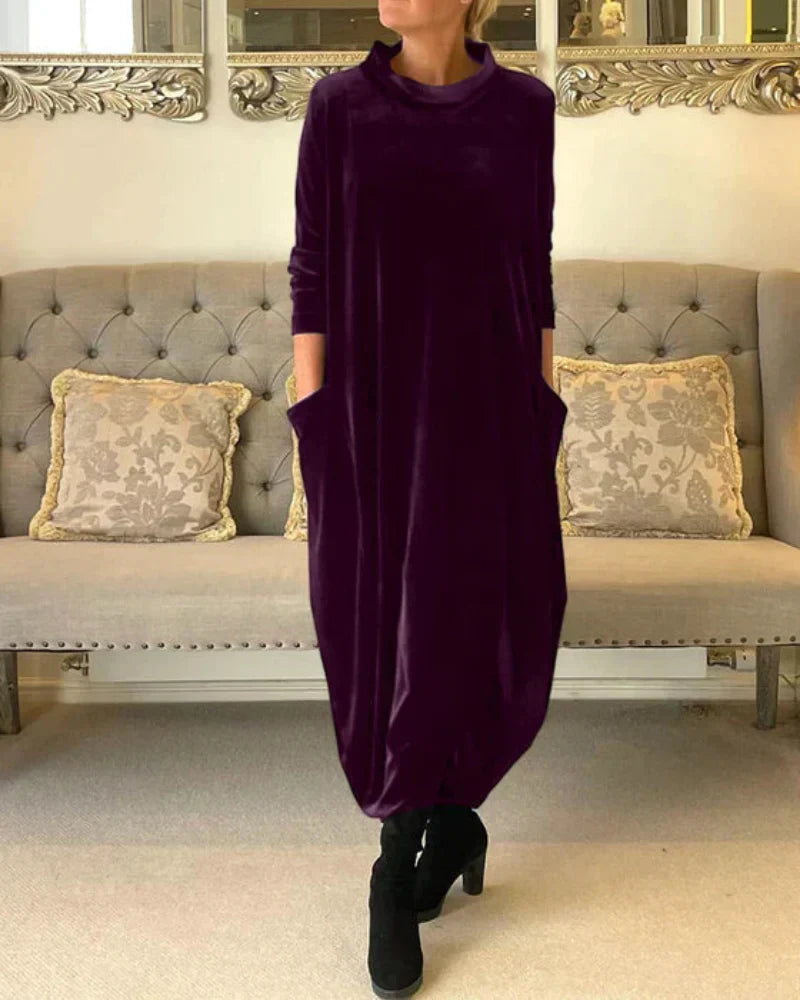 Abito Lungo da Donna in Velour con Collo Alto e Tasche - Viola