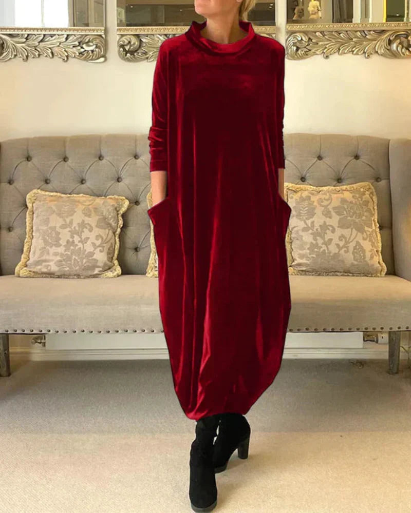 Abito Lungo da Donna in Velour con Collo Alto e Tasche - Rosso