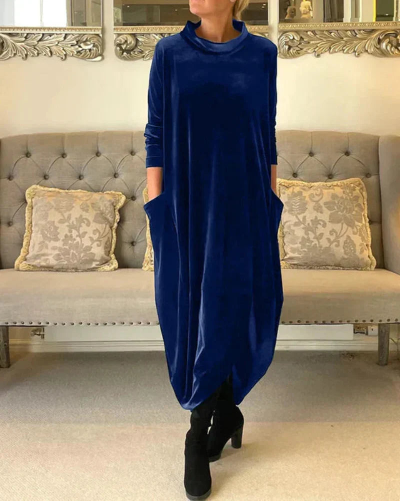 Abito Lungo da Donna in Velour con Collo Alto e Tasche - Blu