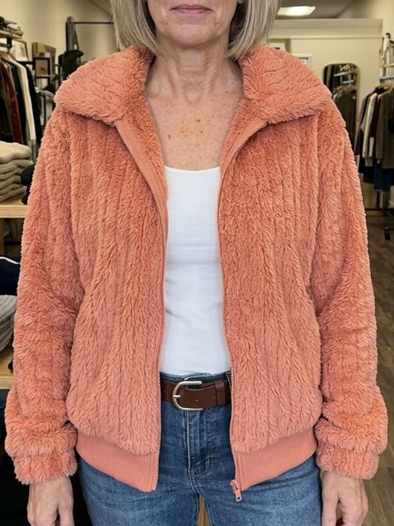 Giacca Donna in Pile Testurizzato con Zip Intera - Rosa Antico