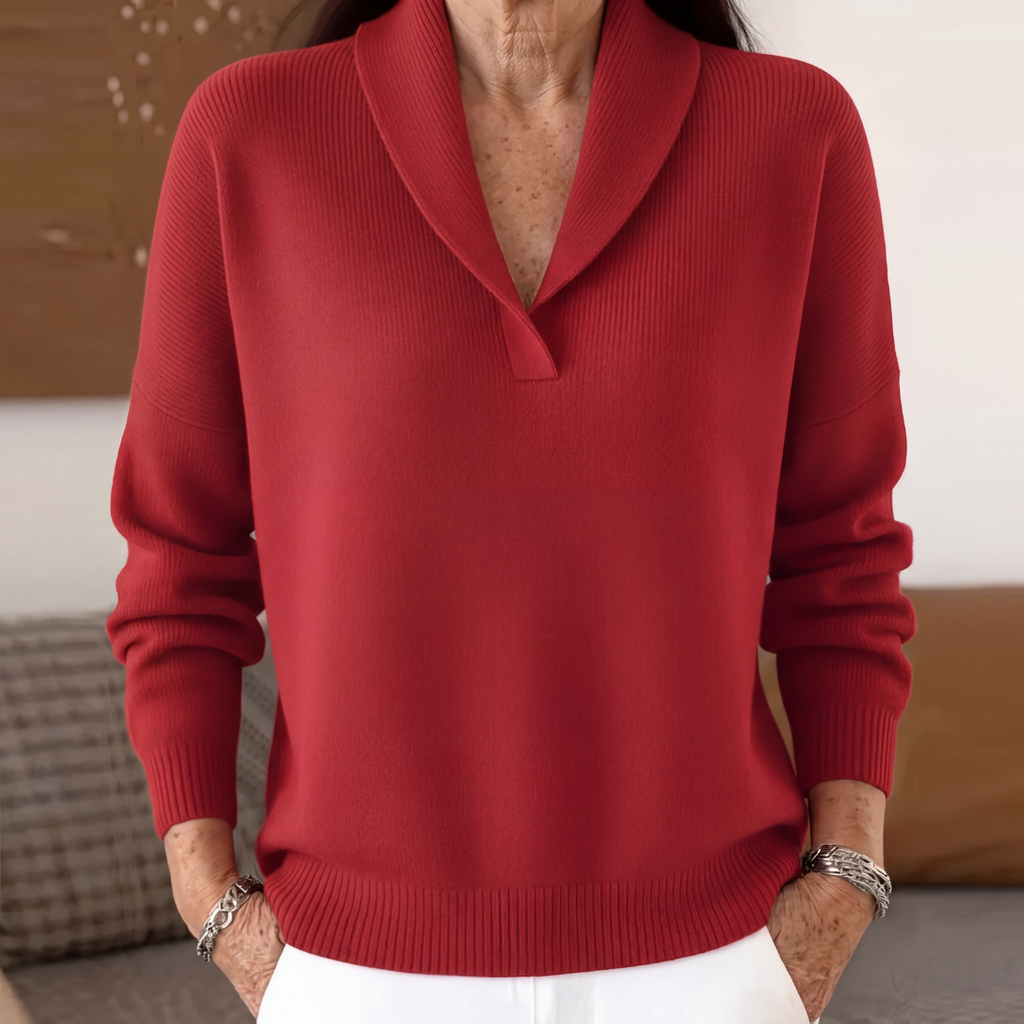 Maglione da Donna in Maglia con Collo a Scialle - Rosso
