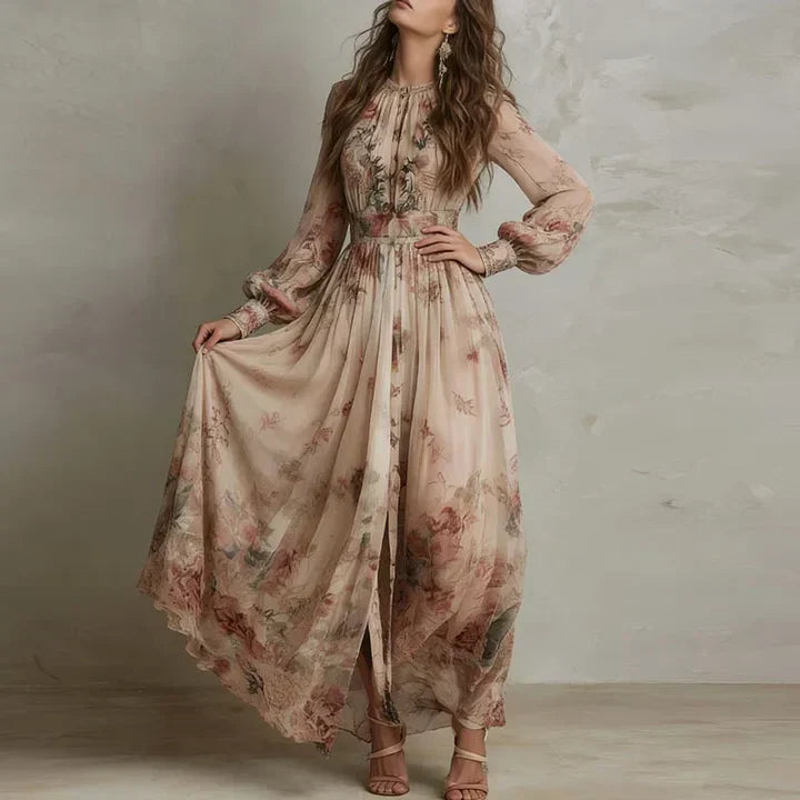 Abito Lungo Donna a Collo Alto con Stampa Floreale Vintage