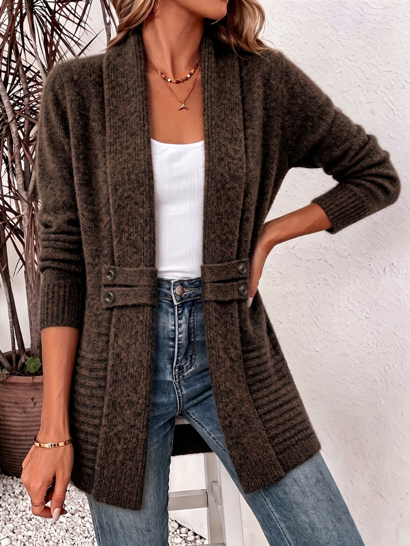 Cardigan Lungo da Donna in Maglia Mélange con Apertura Frontale - Marrone