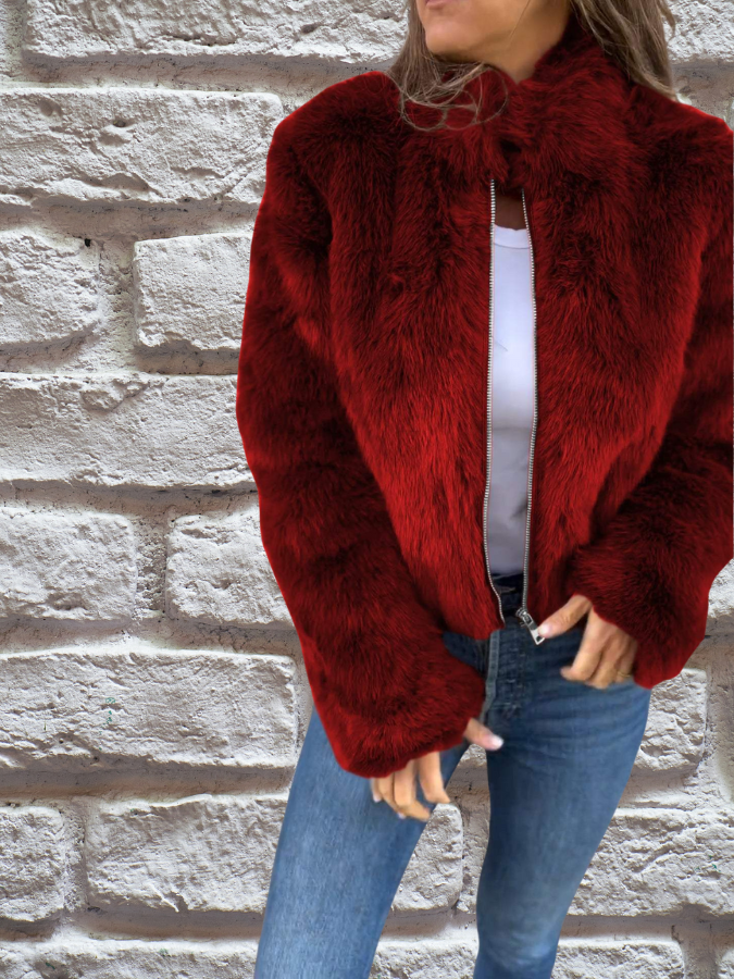 Giacca Corta da Donna in Peluche con Zip - Rosso