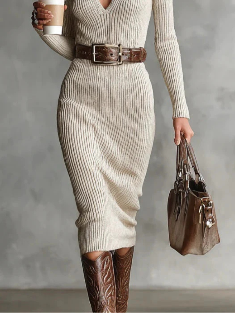 Abito Midi da Donna in Maglia a Coste con Colletto