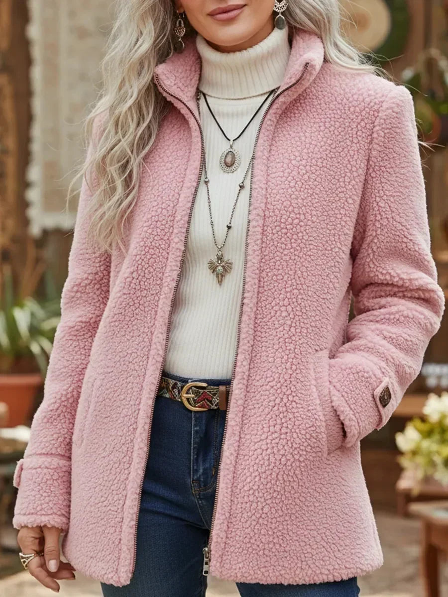 Giacca Lunga da Donna in Pile Testurizzato con Zip