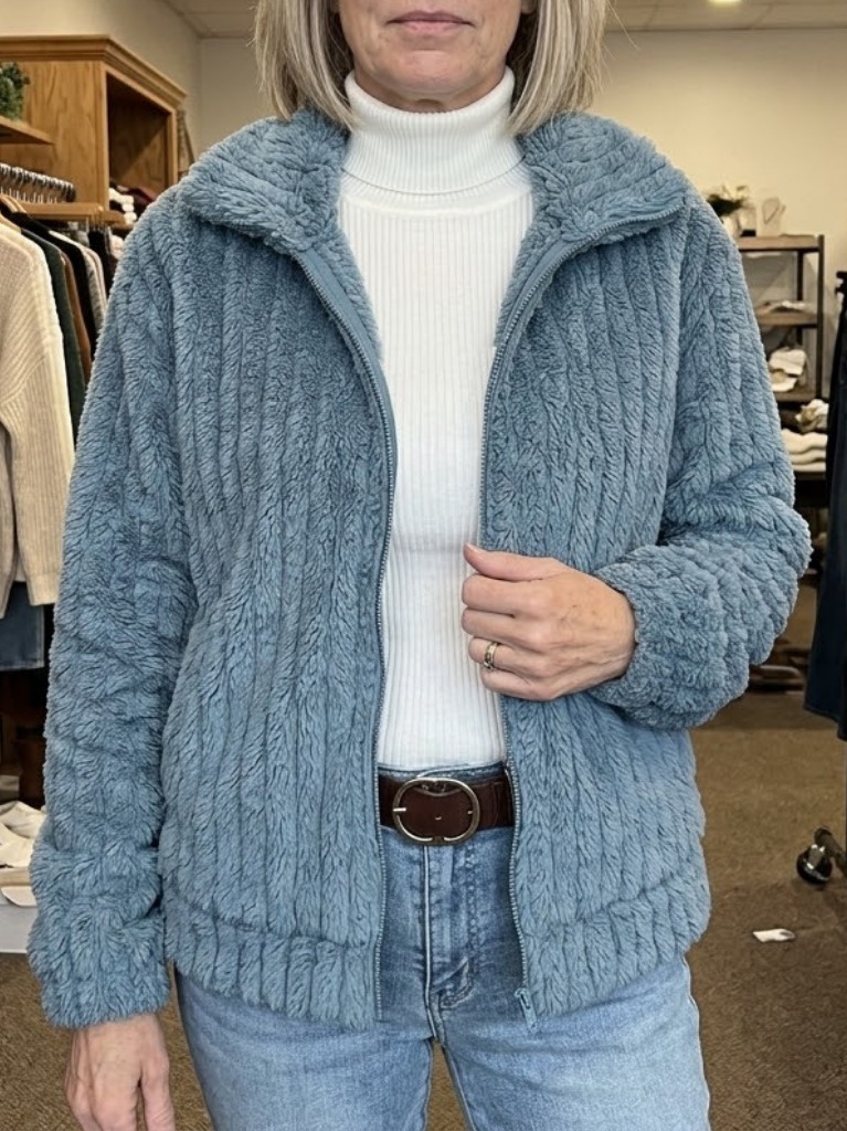 Giacca Donna in Pile Testurizzato con Zip Intera - Blu Acciaio