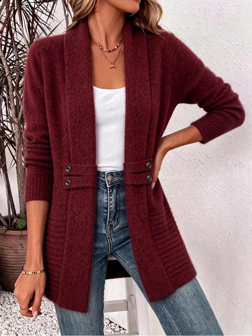 Cardigan Lungo da Donna in Maglia Mélange con Apertura Frontale - Bordeaux