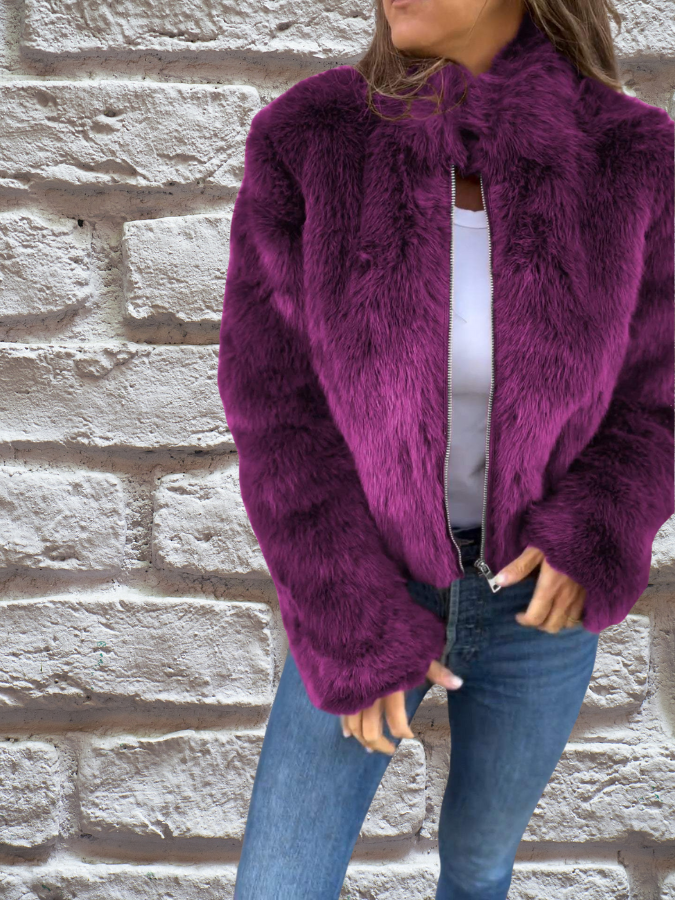 Giacca Corta da Donna in Peluche con Zip - Viola
