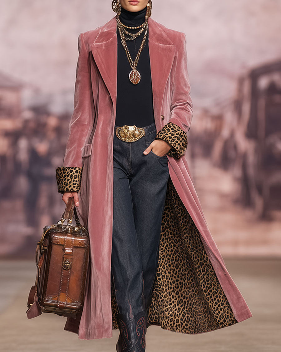 Cappotto Lungo Sartoriale da Donna con Fodera Leopardata - Rosa