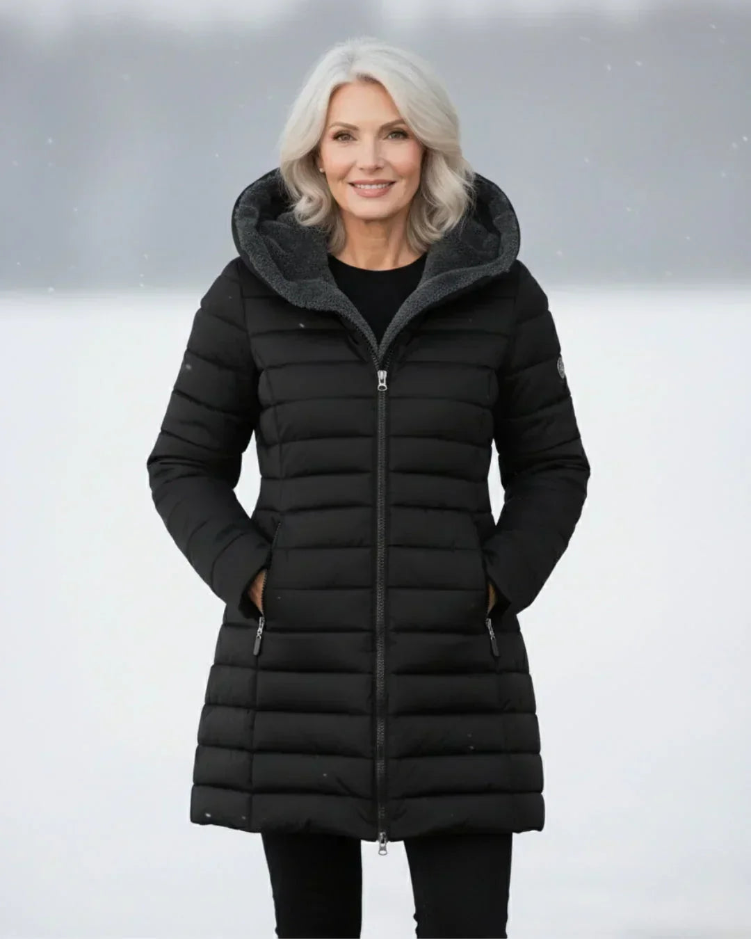 Cappotto Invernale Imbottito Trapuntato da Donna con Cappuccio Removibile - Nero