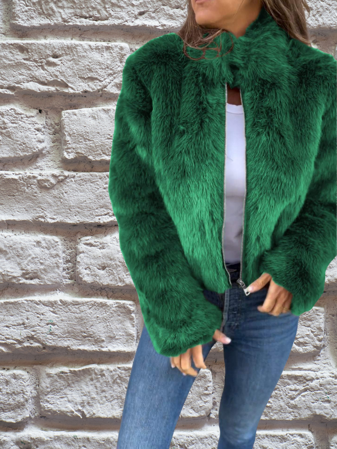 Giacca Corta da Donna in Peluche con Zip - Verde