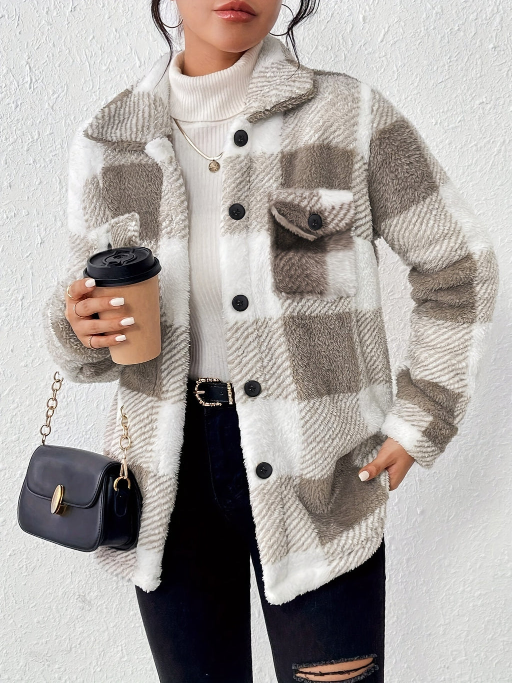 Giacca Donna in Pile Sherpa a Quadri con Bottoni