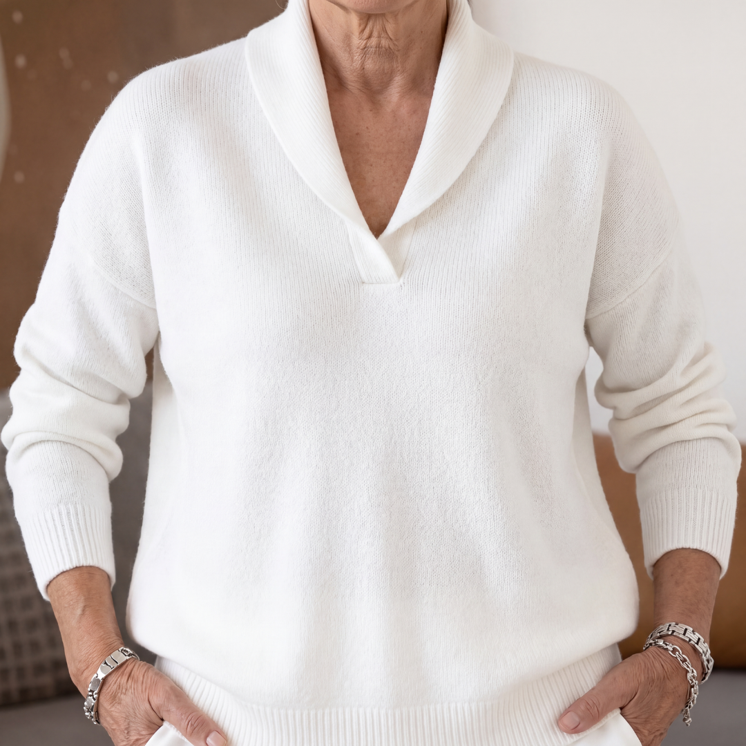 Maglione da Donna in Maglia con Collo a Scialle - Bianco