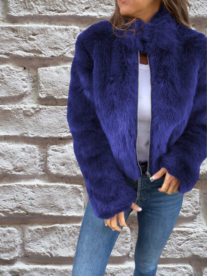 Giacca Corta da Donna in Peluche con Zip - Blu