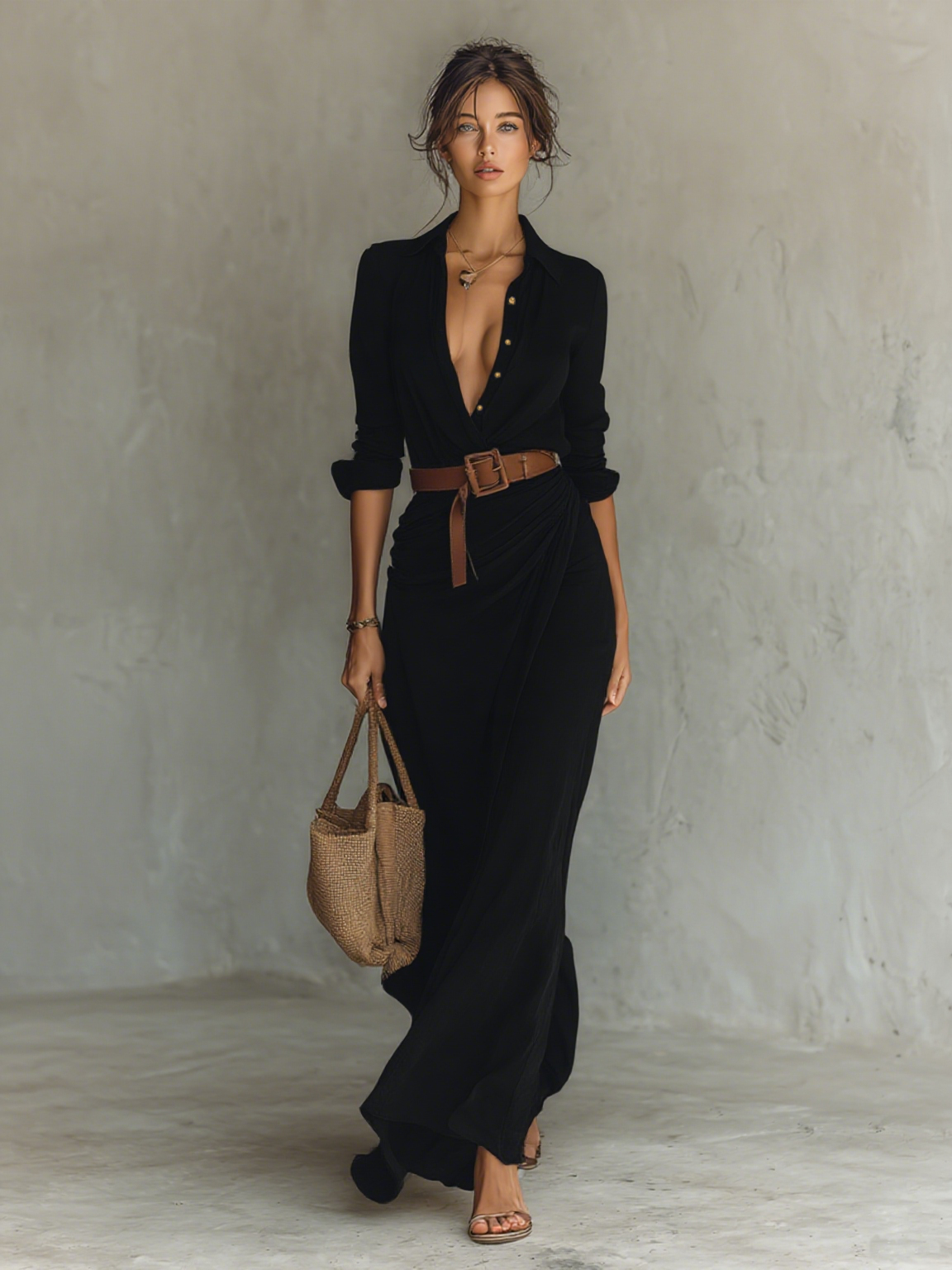 Abito Maxi Donna con Collo Revers e Cintura - Nero
