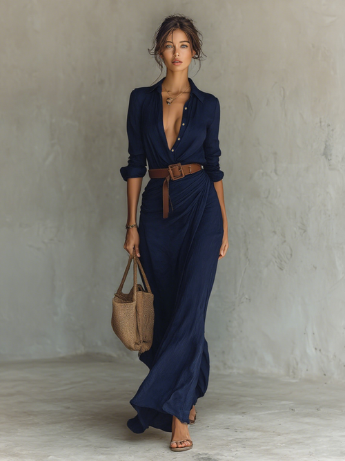 Abito Maxi Donna con Collo Revers e Cintura - Blu Marino