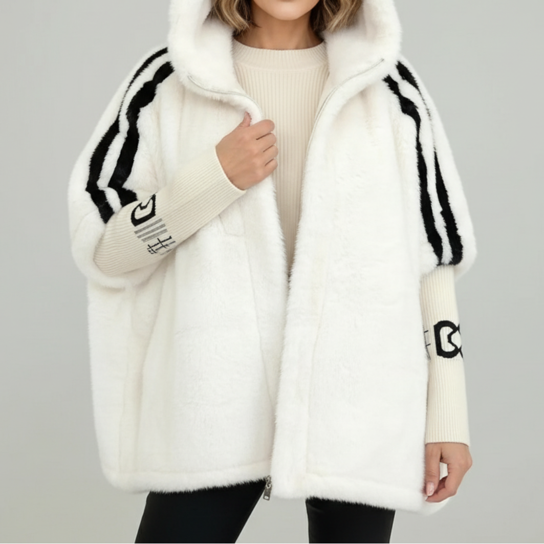 Giacca Donna in Pelliccia Sintetica con Cappuccio - Bianco