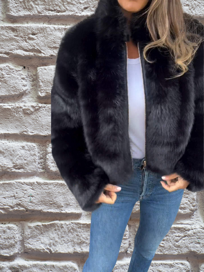 Giacca Corta da Donna in Peluche con Zip - Nero