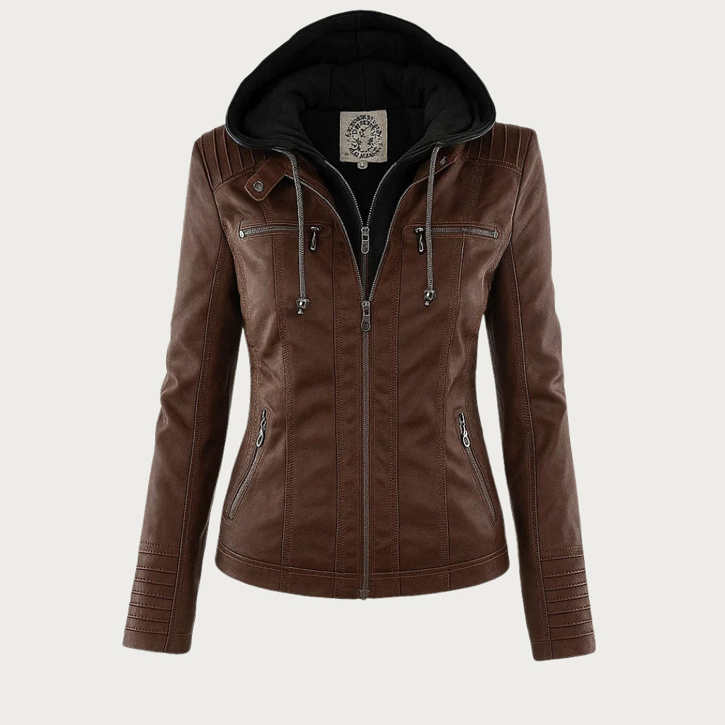 Giacca Biker da Donna con Cappuccio - Marrone Scuro