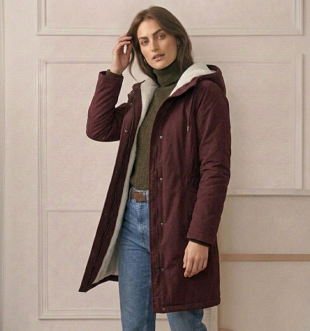 Parka Lungo da Donna con Cappuccio e Fodera Effetto Pile