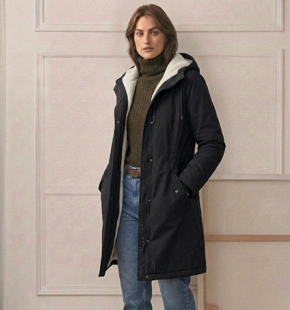 Parka Lungo da Donna con Cappuccio e Fodera Effetto Pile