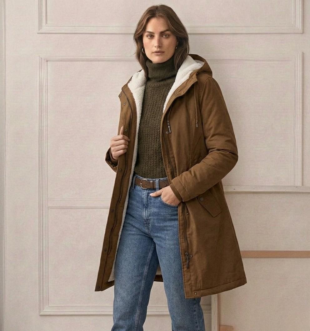 Parka Lungo da Donna con Cappuccio e Fodera Effetto Pile