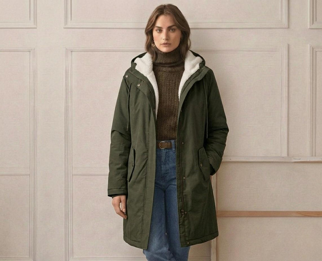 Parka Lungo da Donna con Cappuccio e Fodera Effetto Pile