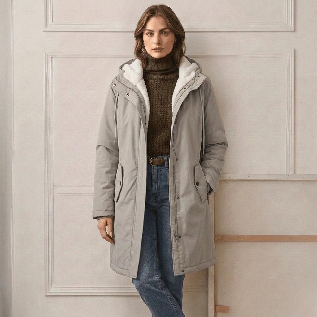 Parka Lungo da Donna con Cappuccio e Fodera Effetto Pile