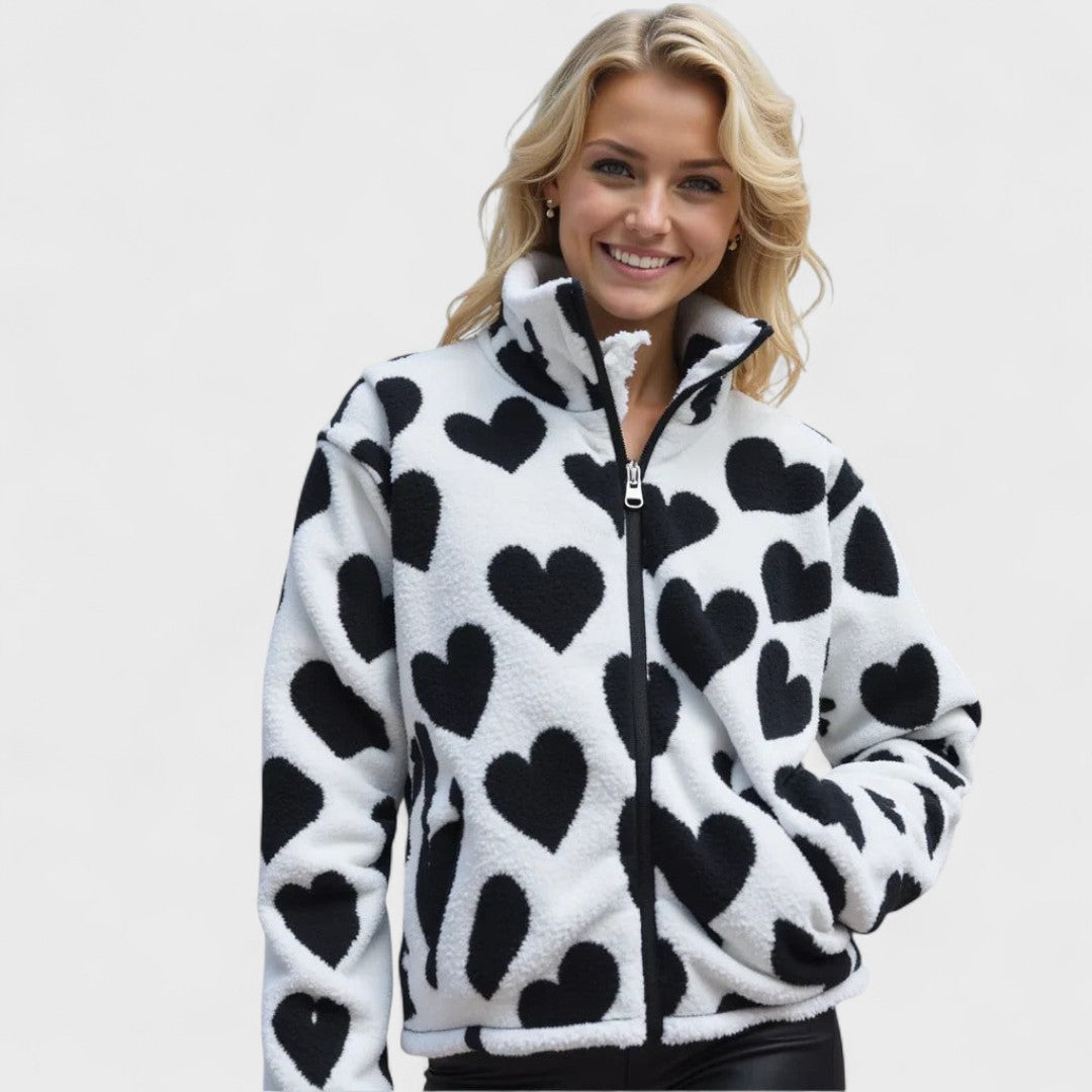 Giacca Donna in Pile Reversibile con Stampa a Cuori