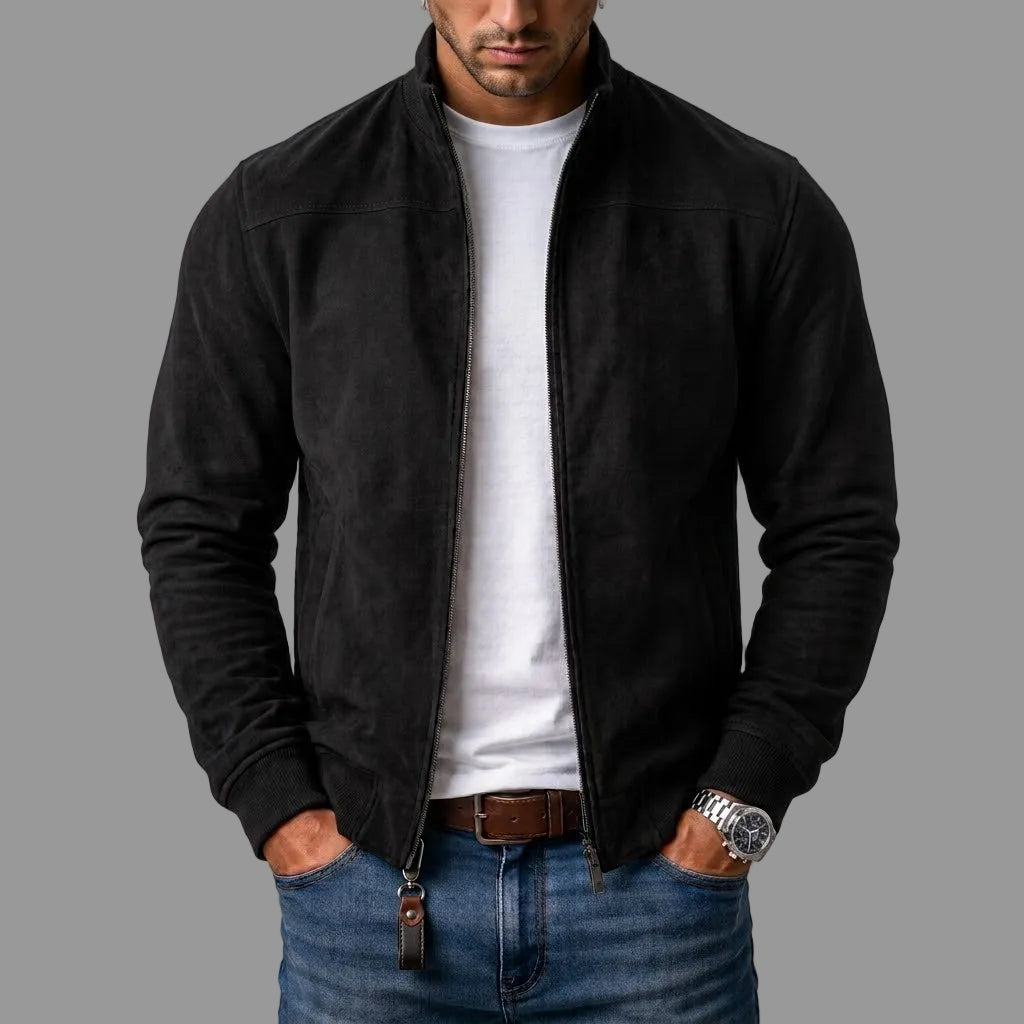 Bomber Donna in Camoscio Sintetico con Collo Alto - Nero