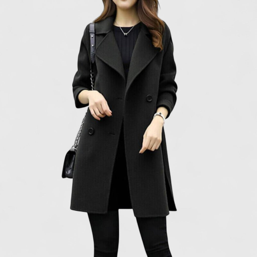 Cappotto Lungo Doppiopetto da Donna con Revers - Nero