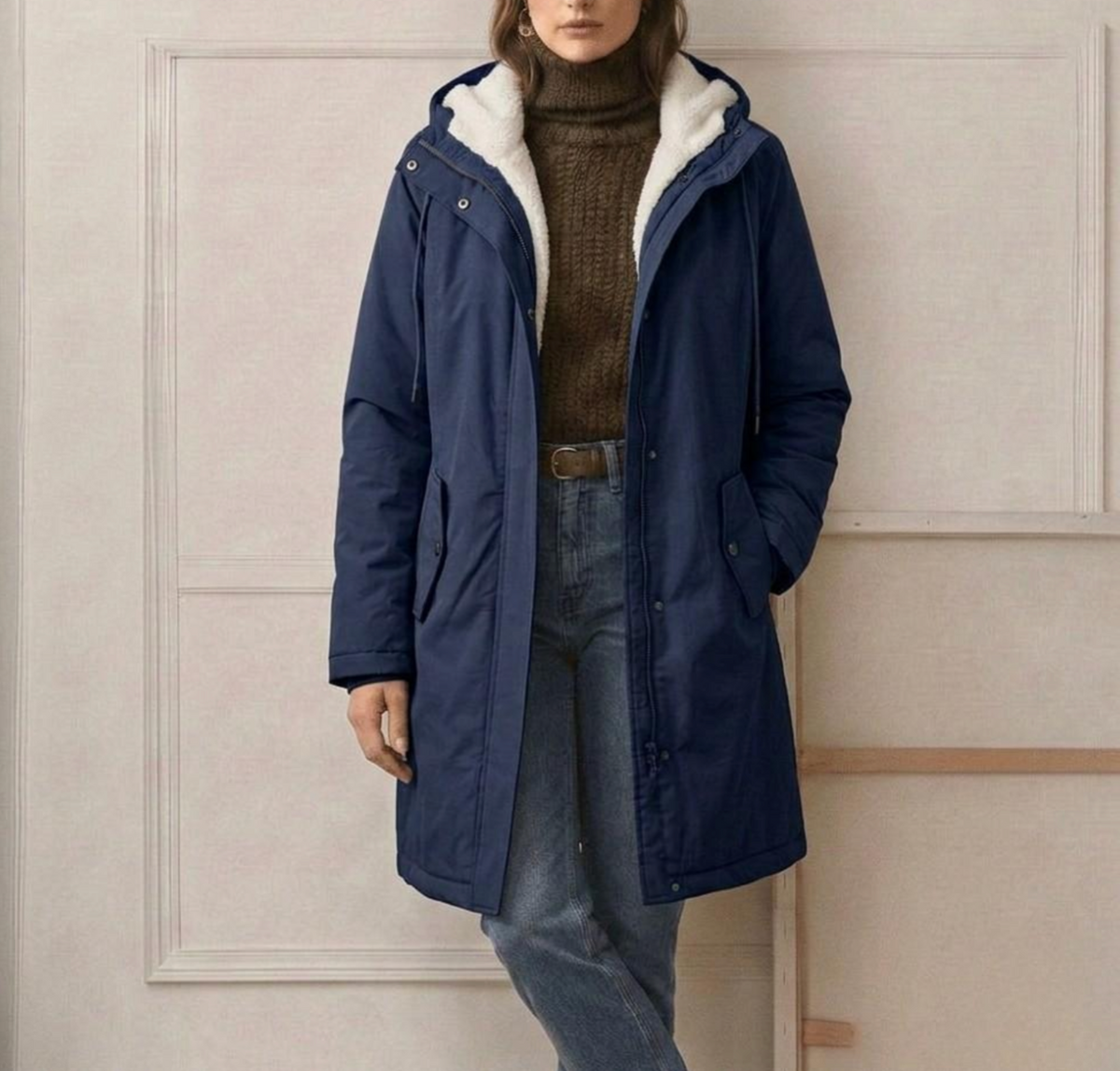 Parka Lungo da Donna con Cappuccio e Fodera Effetto Pile