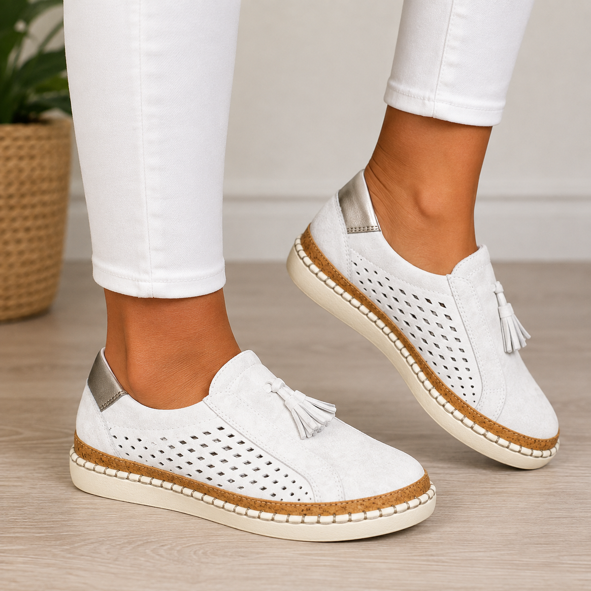 Mocassini Ortopedici da Donna in Suede Traforato - Bianco